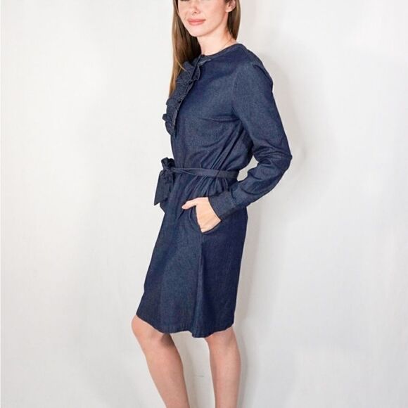 Draper James Chambray Belted Ruffle Long Sleeve Shift Dress - Picture 11 of 14
